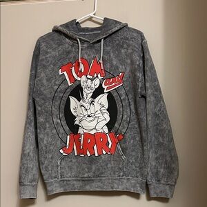 Tom & Jerry long sleeve grey hoodie front emblem & pouch size S good condition